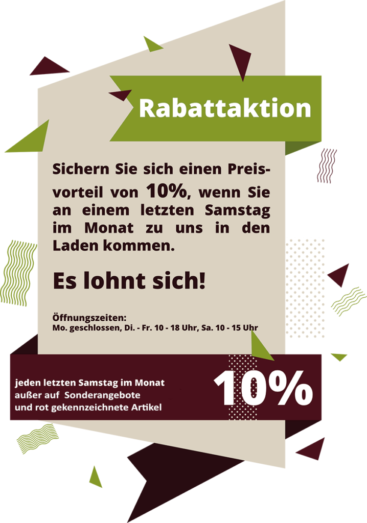 BarfShop Lünen Rabattaktion - Preisvorteil von 10% am einem letzten Samstag im Monat bei uns im Shop, außer auf Sonderangebote und rot gekennzeichnete Ware.