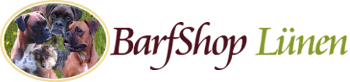Das Logo zeigt den Schriftzug BarfShop Lünen, Barfshop dunkelrot, Lünen in hellgrün. Links daneben ein horizontal-ovaler Bildausschnitt mit vier Hunden, drei davon Boxer.