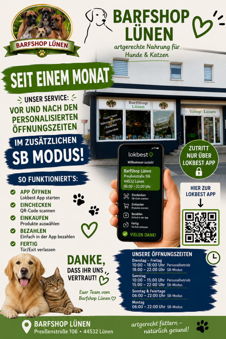 Eingang vom Barfshop Lünen mit Lokbest QR Code und Öffnungszeiten mit und ohne personal