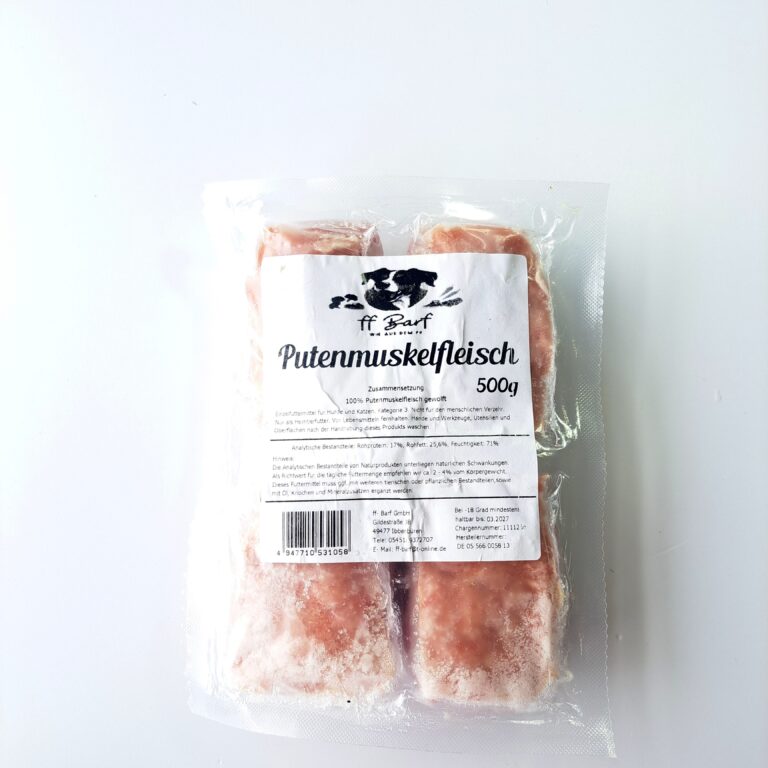 Zu sehen ist ein flaches Paket was man auf 4 Portionen tellen kann. das Paket hat 500g