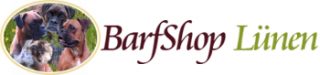 Das Logo zeigt den Schriftzug BarfShop Lünen, Barfshop dunkelrot, Lünen in hellgrün. Links daneben ein horizontal-ovaler Bildausschnitt mit vier Hunden, drei davon Boxer.